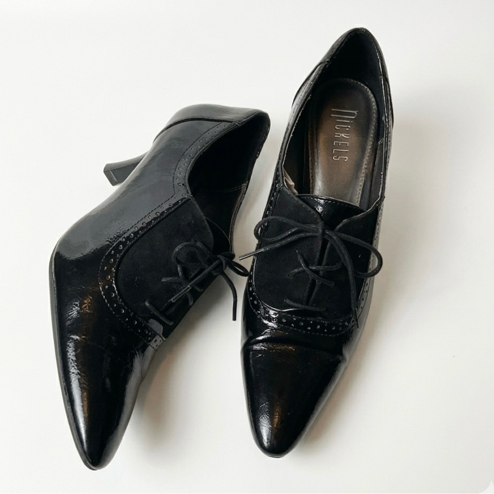 Vintage Nickels Black Oxford Heels – Patent & Suede Wingtip – Size 8.5M